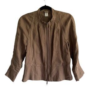 OLSEN EUROPE Flax Linen Zip Front Jacket Taupe Brown 6